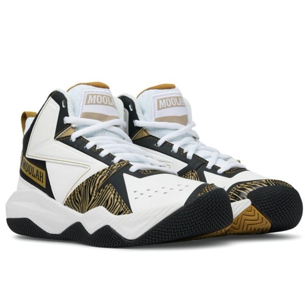 Moolah Press Break V2 Mid Top Youth Basketball‎ Shoe 7 Black White Gold Sporty